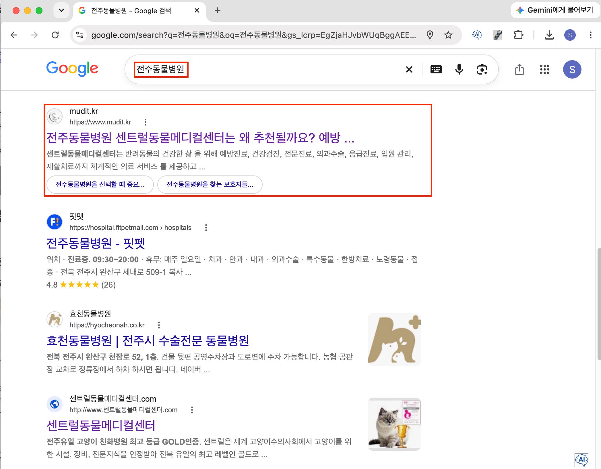 센트럴동물메디컬센터 키워드 구글 검색 노출 화면 캡처